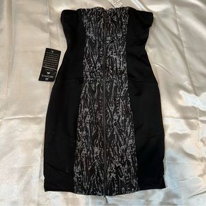 Bebe Strapless Front Zip dress. Front and Back body zipper.